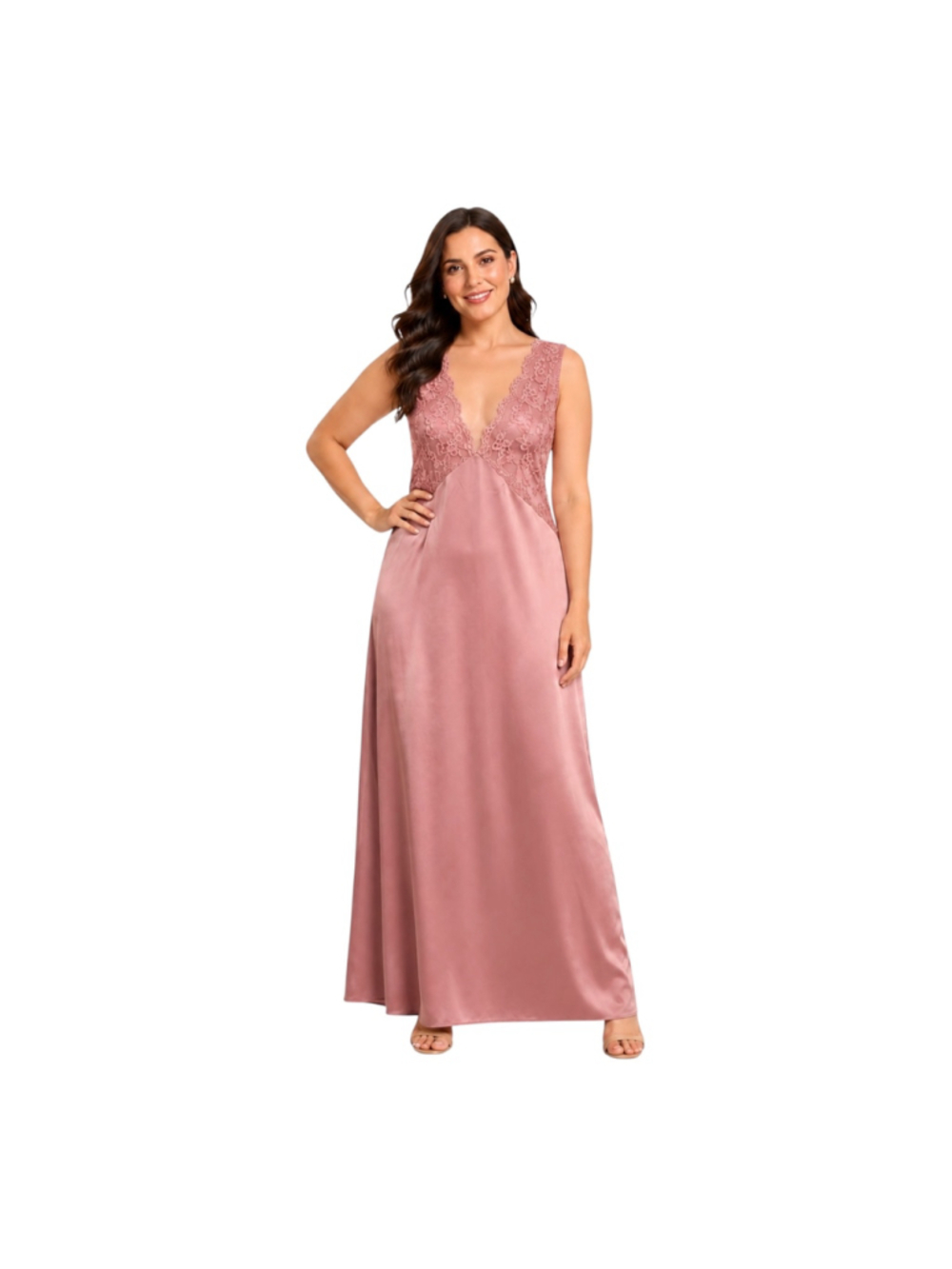 WDIRARA Size Large Dusty Rose Satin Lace Long Nightgown NWT